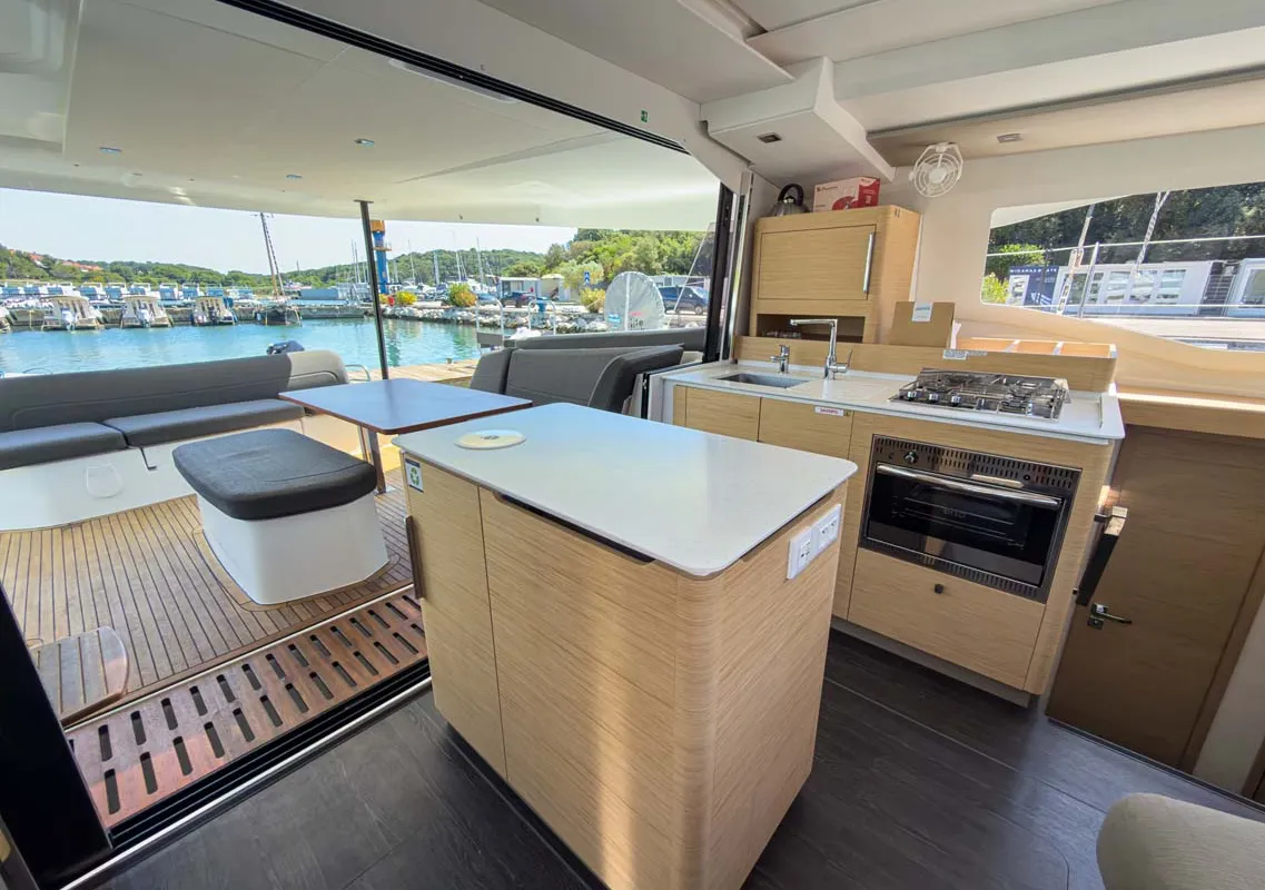 Galley of Acamar, a Fountaine Pajot FP 41 Quatuor 3 catamaran at Grad Pula, Croatia
