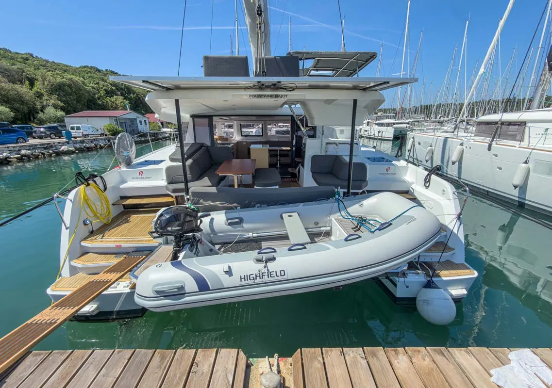 Exterior view of Acamar, a Fountaine Pajot FP 41 Quatuor 3 catamaran at Grad Pula, Croatia