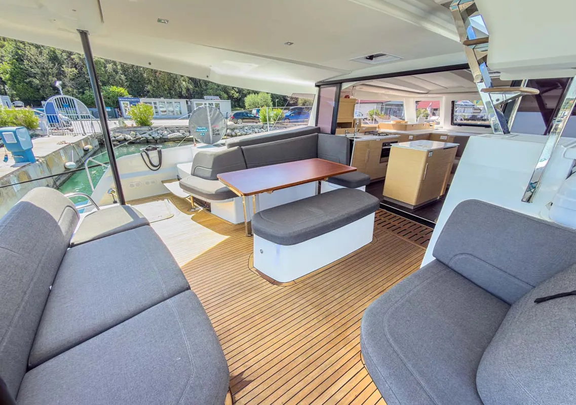 Deck of Acamar, a Fountaine Pajot FP 41 Quatuor 3 catamaran at Grad Pula, Croatia