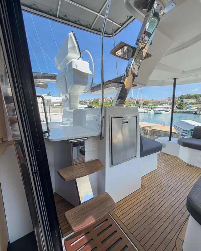 Cockpit of Acamar, a Fountaine Pajot FP 41 Quatuor 3 catamaran at Grad Pula, Croatia