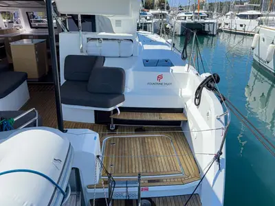 Deck of Acamar, a Fountaine Pajot FP 41 Quatuor 3 catamaran at Grad Pula, Croatia
