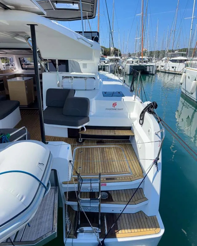 Deck of Acamar, a Fountaine Pajot FP 41 Quatuor 3 catamaran at Grad Pula, Croatia