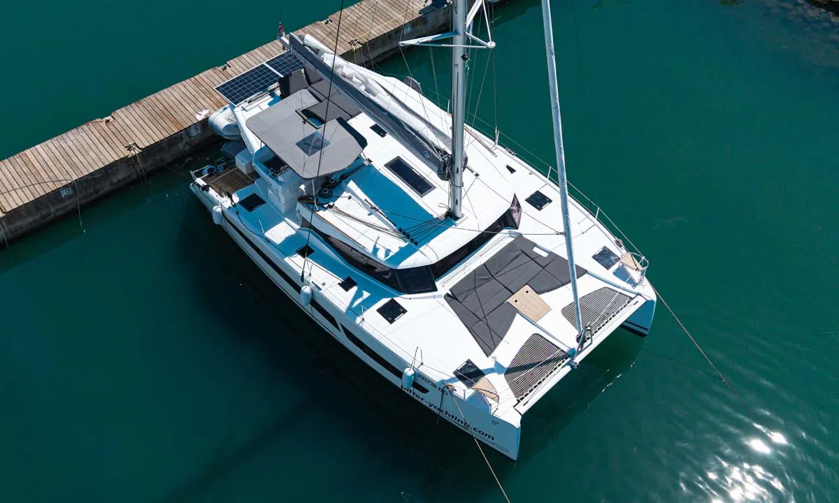 Exterior view of Acamar, a Fountaine Pajot FP 41 Quatuor 3 catamaran at Grad Pula, Croatia