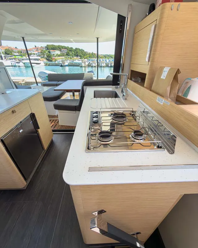 Galley of Acamar, a Fountaine Pajot FP 41 Quatuor 3 catamaran at Grad Pula, Croatia