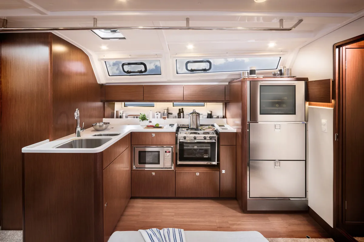 Galley of Lyra, a Bavaria Cruiser 46 Style sailboat at Grad Trogir, Croatia