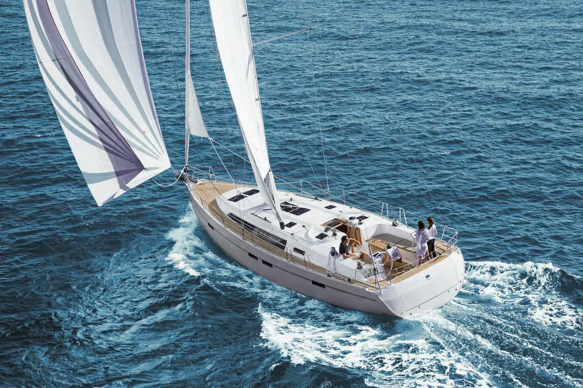 Exterior view of Lyra, a Bavaria Cruiser 46 Style sailboat at Grad Trogir, Croatia