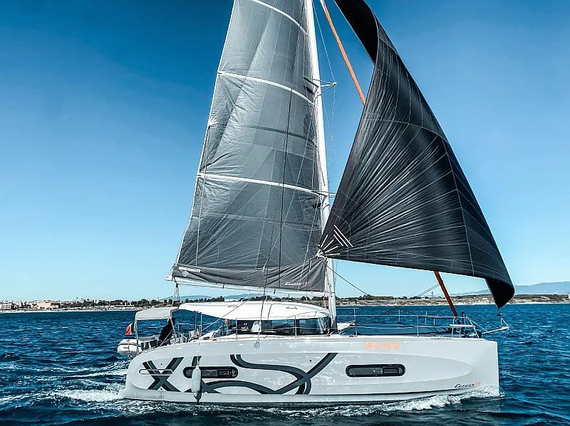 Exterior view of Sail Speed, a Excess 11 catamaran at Olbia, Italy