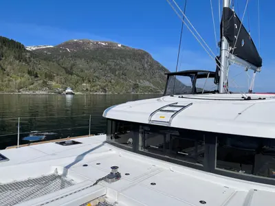 Deck of Arctic Charm, a Lagoon 40 catamaran at Tromsø, Norway