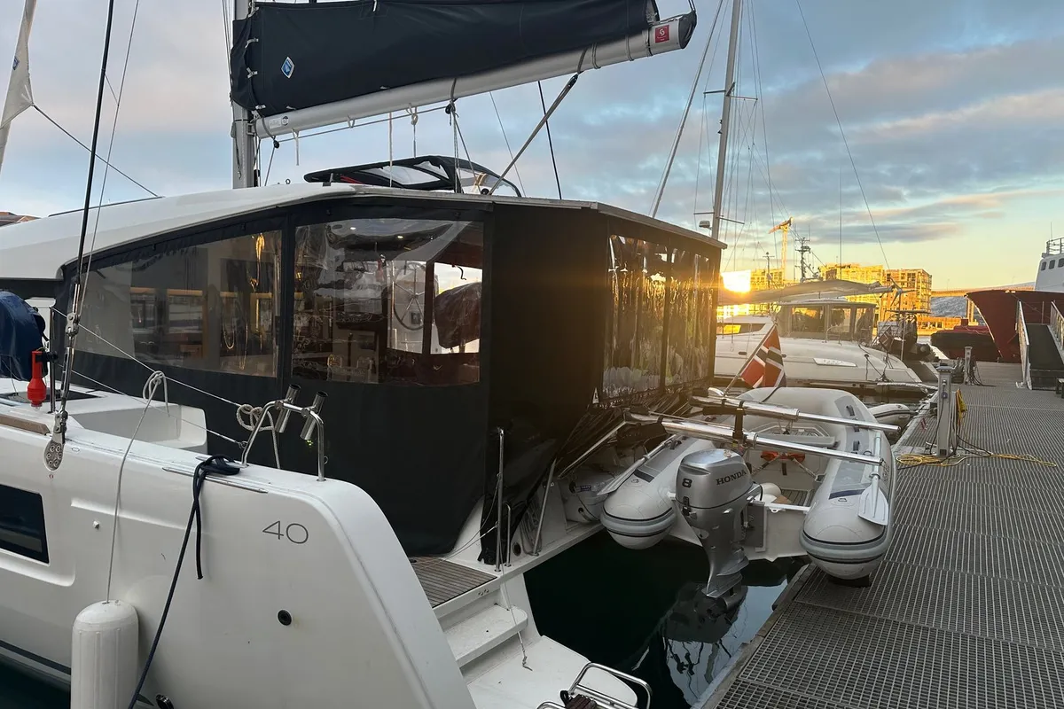 Deck of Arctic Charm, a Lagoon 40 catamaran at Tromsø, Norway