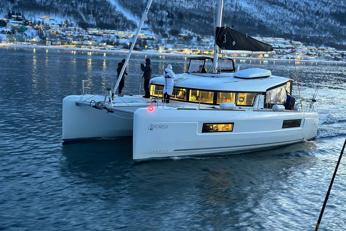 Exterior view of Arctic Charm, a Lagoon 40 catamaran at Tromsø, Norway