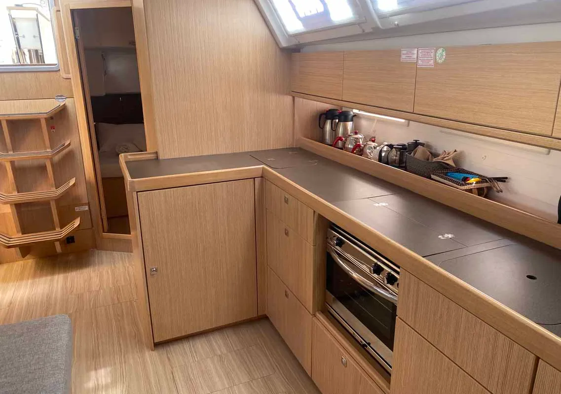 Galley of Before Sunrise, a Bavaria Cruiser 46 sailboat at Fethiye, Turkey