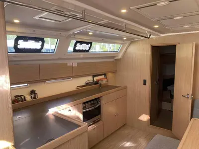 Galley of Before Sunrise, a Bavaria Cruiser 46 sailboat at Fethiye, Turkey