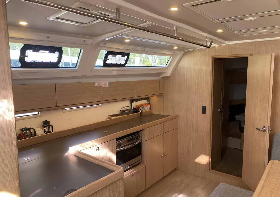 Galley of Before Sunrise, a Bavaria Cruiser 46 sailboat at Fethiye, Turkey