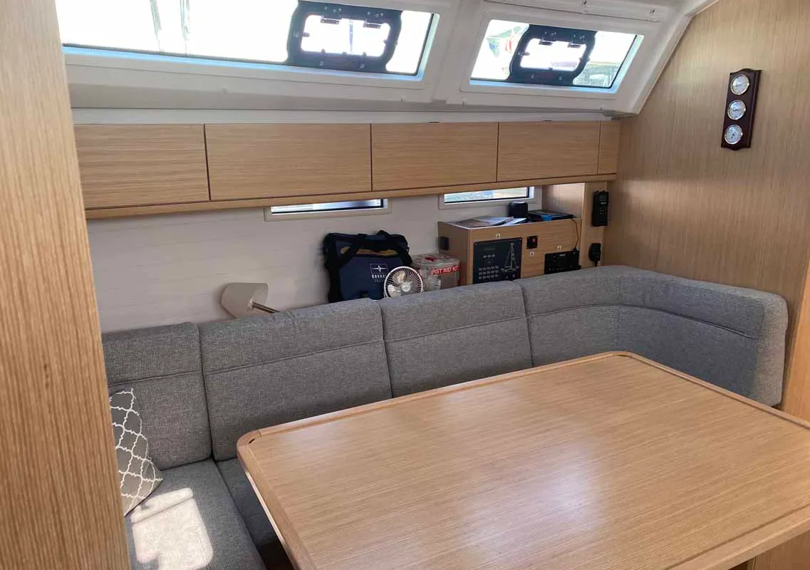 Salon of Before Sunrise, a Bavaria Cruiser 46 sailboat at Fethiye, Turkey