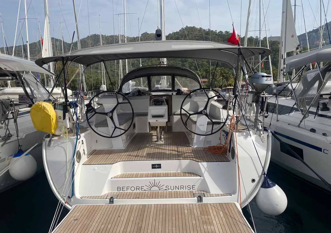 Cockpit of Before Sunrise, a Bavaria Cruiser 46 sailboat at Fethiye, Turkey
