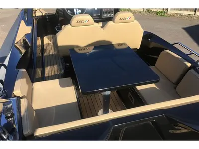 Deck of Zar 59 SL, a motorboat at Sant Antoni de Portmany, Spain