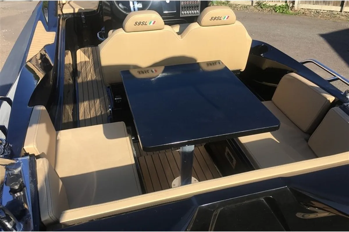 Deck of Zar 59 SL, a motorboat at Sant Antoni de Portmany, Spain