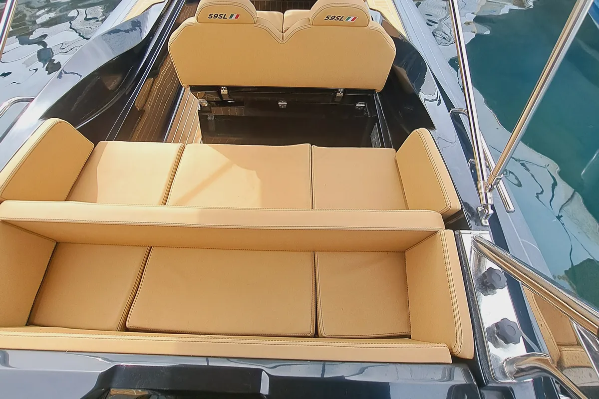 Deck of Zar 59 SL, a motorboat at Sant Antoni de Portmany, Spain
