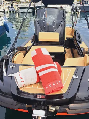 Deck of Zar 59 SL, a motorboat at Sant Antoni de Portmany, Spain