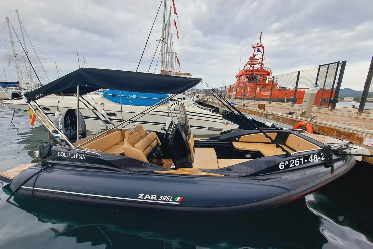 Exterior view of Zar 59 SL, a motorboat at Sant Antoni de Portmany, Spain