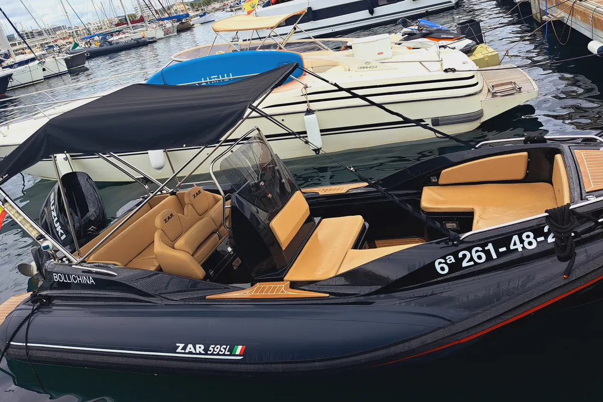 Exterior view of Zar 59 SL, a motorboat at Sant Antoni de Portmany, Spain