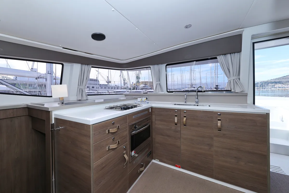 Galley of James Webb, a Bali 4.4 catamaran at Trogir, Croatia