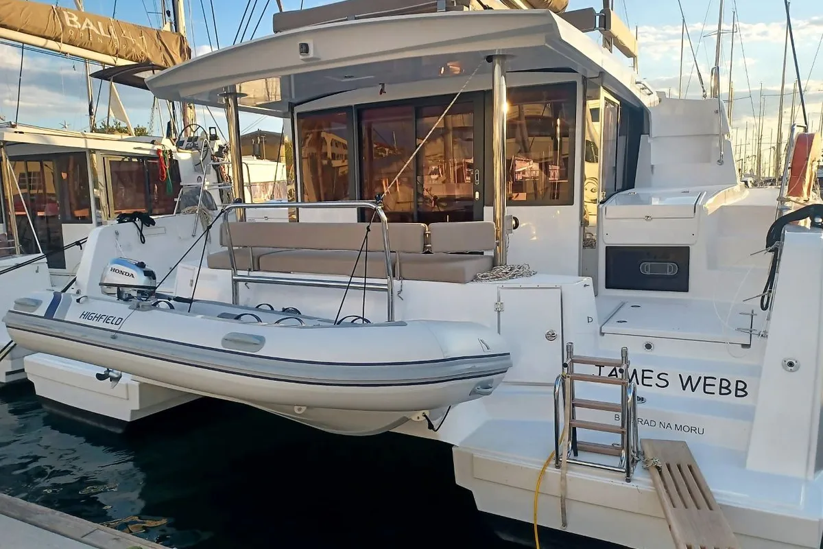 Exterior view of James Webb, a Bali 4.4 catamaran at Trogir, Croatia