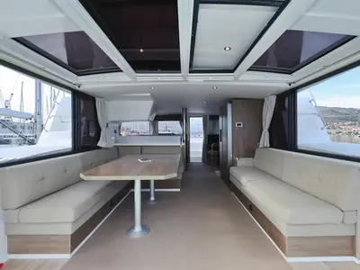Galley of James Webb, a Bali 4.4 catamaran at Trogir, Croatia
