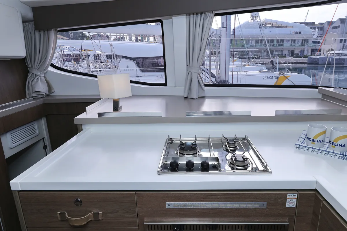Galley of James Webb, a Bali 4.4 catamaran at Trogir, Croatia