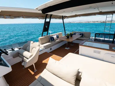 Cockpit of Premium, a Fountaine Pajot MY6 catamaran at Zakynthos Municipal Unit, Greece