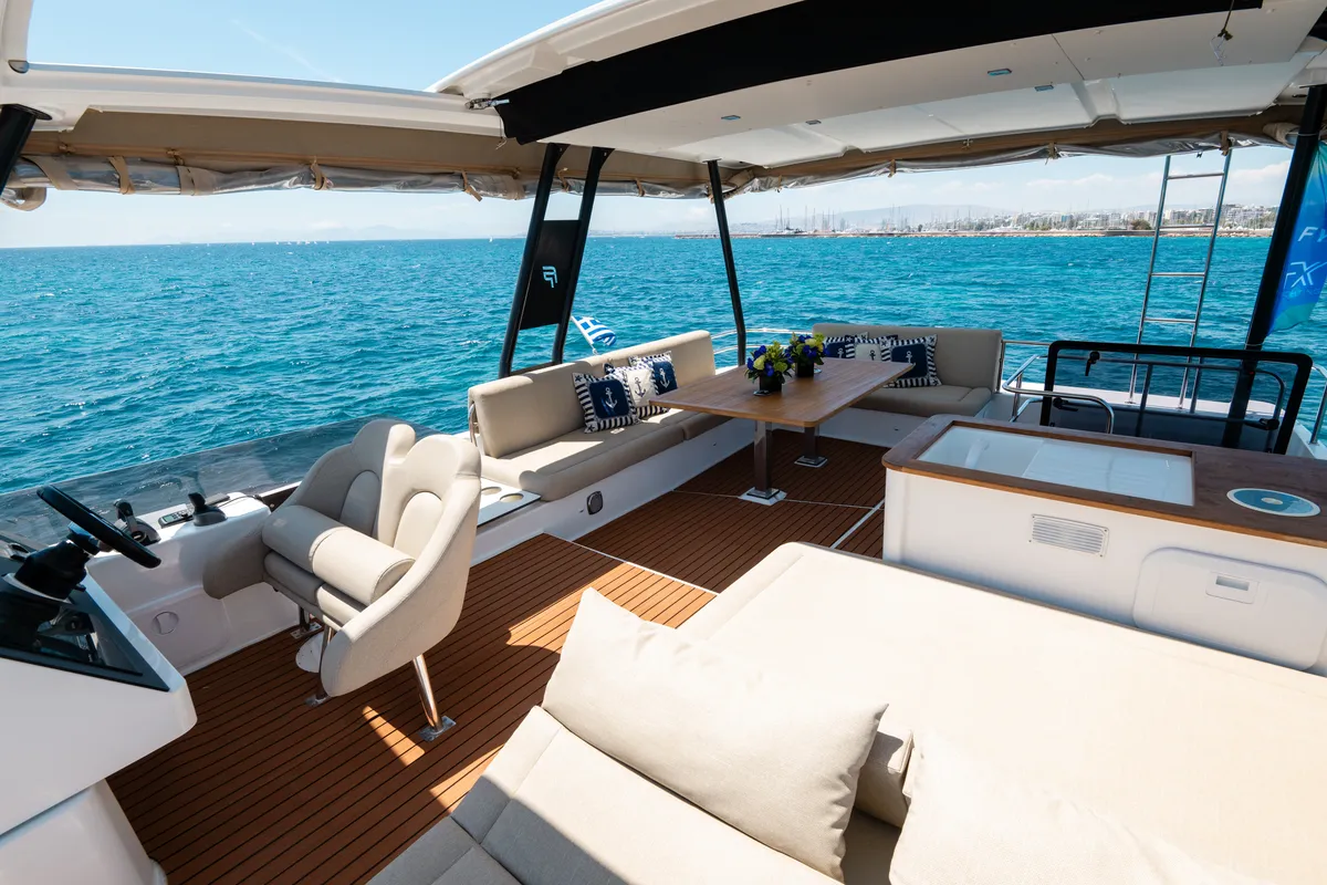 Cockpit of Premium, a Fountaine Pajot MY6 catamaran at Zakynthos Municipal Unit, Greece