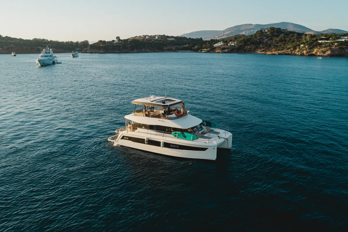 Exterior view of Premium, a Fountaine Pajot MY6 catamaran at Zakynthos Municipal Unit, Greece