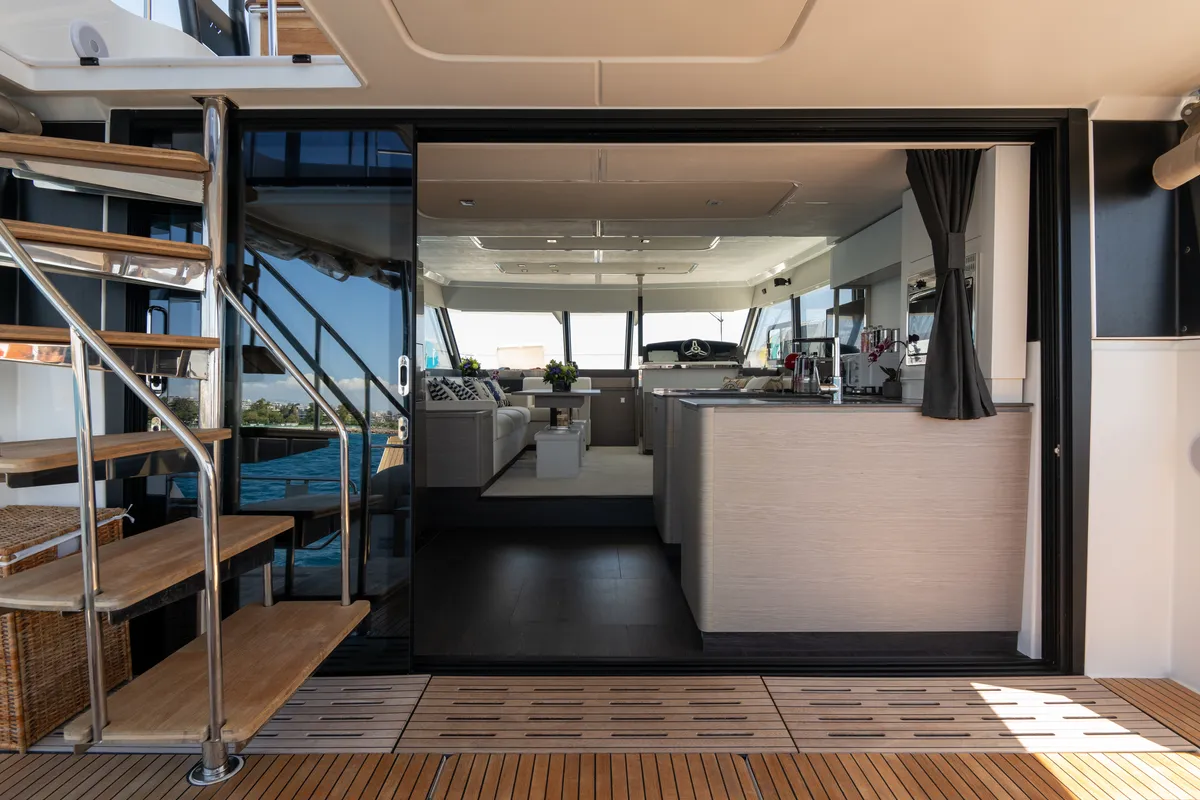 Deck of Premium, a Fountaine Pajot MY6 catamaran at Zakynthos Municipal Unit, Greece