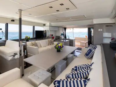 Salon of Premium, a Fountaine Pajot MY6 catamaran at Zakynthos Municipal Unit, Greece