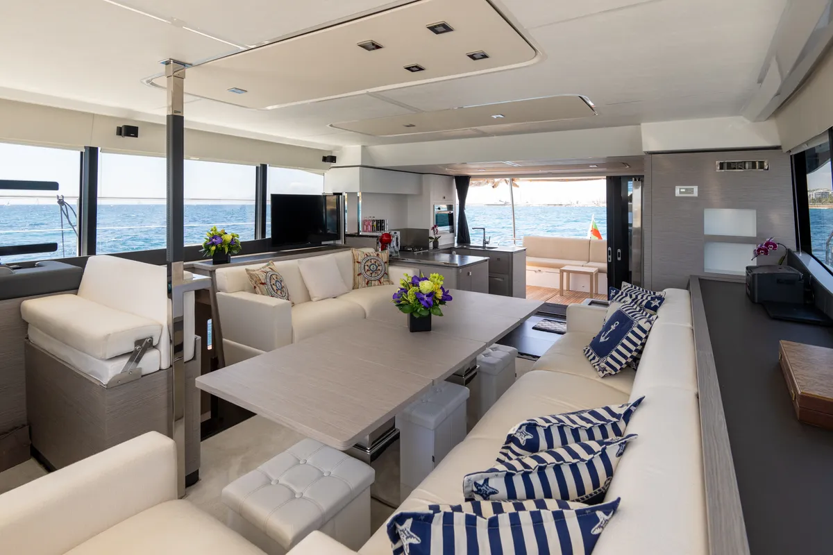 Salon of Premium, a Fountaine Pajot MY6 catamaran at Zakynthos Municipal Unit, Greece