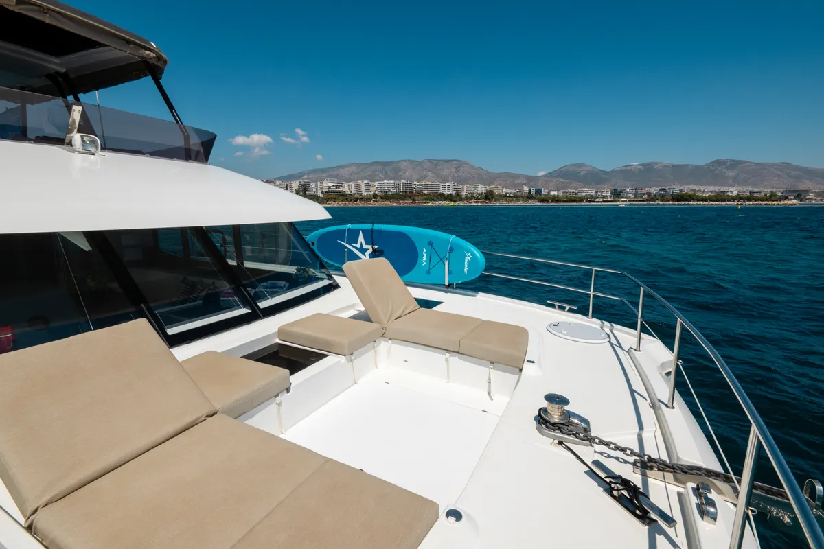 Deck of Premium, a Fountaine Pajot MY6 catamaran at Zakynthos Municipal Unit, Greece