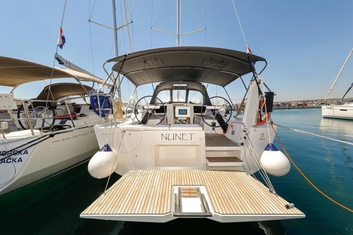 Exterior view of Nunet, a Dufour 390 GL sailboat at Grad Biograd na Moru, Croatia