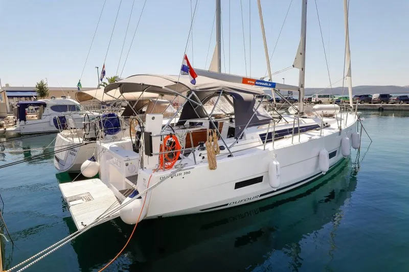 Exterior view of Nunet, a Dufour 390 GL sailboat at Grad Biograd na Moru, Croatia