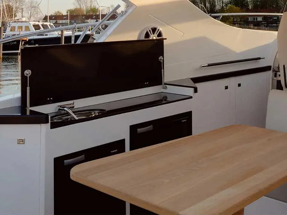 Deck of Focus 36, a Focus Power 36 Hard Top motor yacht at Grad Trogir, Croatia