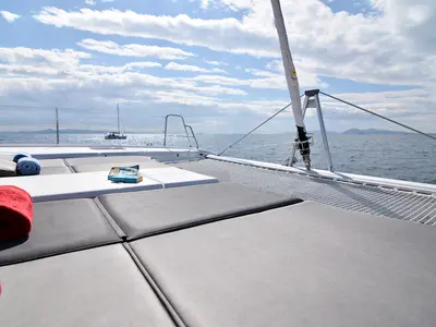 Deck of Mojito, a Dufour Catamaran 48 catamaran at Lefkada, Greece