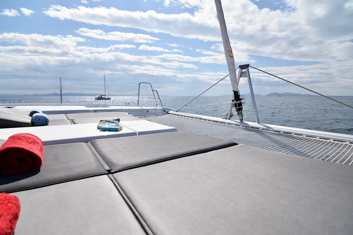 Deck of Mojito, a Dufour Catamaran 48 catamaran at Lefkada, Greece