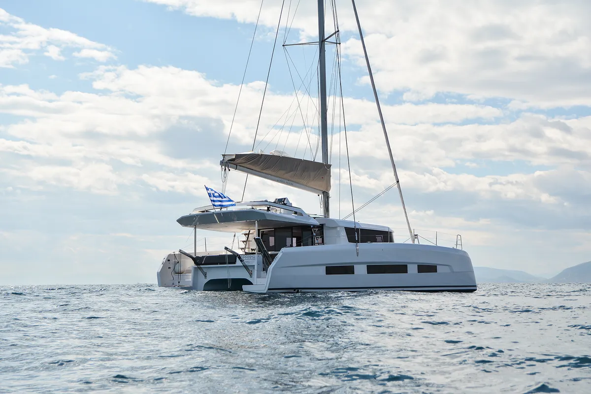 Exterior view of Mojito, a Dufour Catamaran 48 catamaran at Lefkada, Greece
