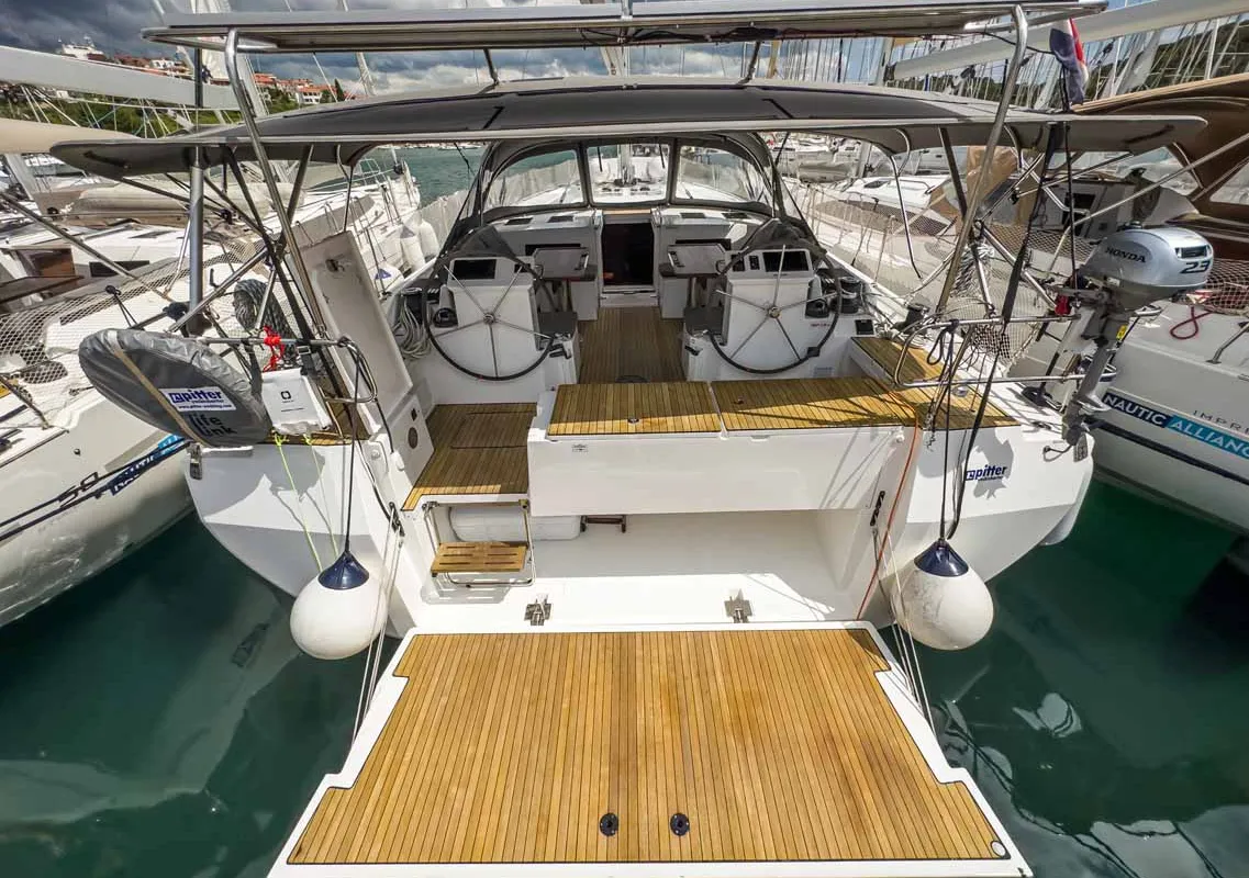 Deck of Topas, a Bavaria C50 Holiday sailboat at Grad Pula, Croatia