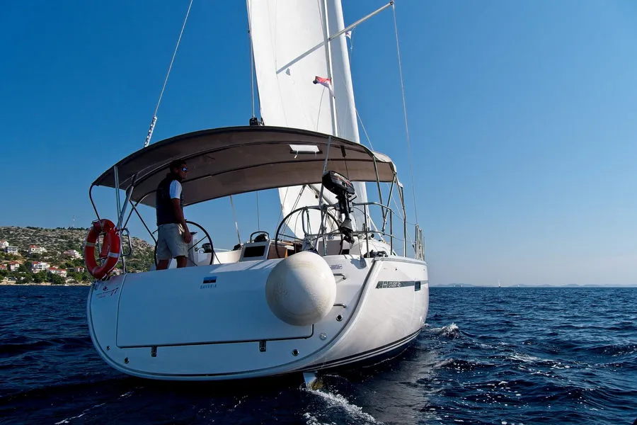 Exterior view of MH 83, a Bavaria Cruiser 46 sailboat at Murter, Croatia