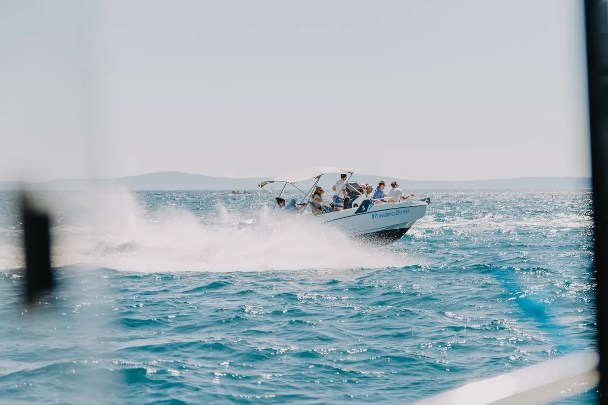 Exterior view of Benetau Flyer 6.6 Space Deck, a Beneteau Flyer 6.6 SpaceDeck motorboat at Grad Trogir, Croatia