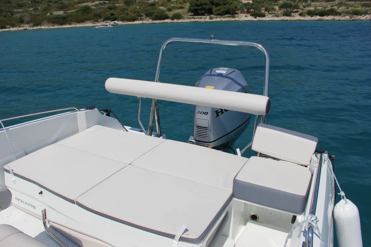 Deck of Benetau Flyer 6.6 Space Deck, a Beneteau Flyer 6.6 SpaceDeck motorboat at Grad Trogir, Croatia