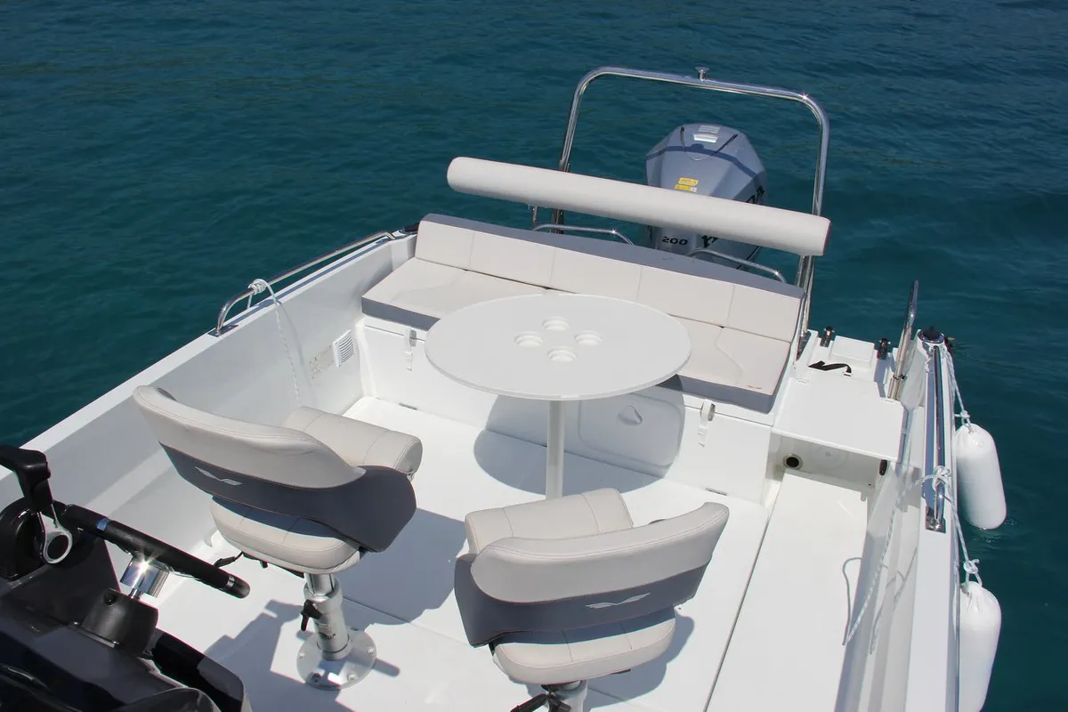 Deck of Benetau Flyer 6.6 Space Deck, a Beneteau Flyer 6.6 SpaceDeck motorboat at Grad Trogir, Croatia