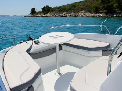 Deck of Benetau Flyer 6.6 Space Deck, a Beneteau Flyer 6.6 SpaceDeck motorboat at Grad Trogir, Croatia