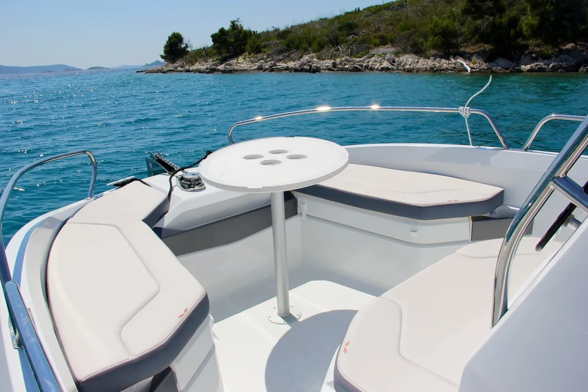 Deck of Benetau Flyer 6.6 Space Deck, a Beneteau Flyer 6.6 SpaceDeck motorboat at Grad Trogir, Croatia