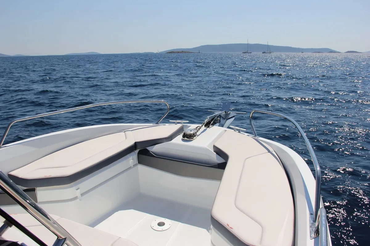 Deck of Benetau Flyer 6.6 Space Deck, a Beneteau Flyer 6.6 SpaceDeck motorboat at Grad Trogir, Croatia